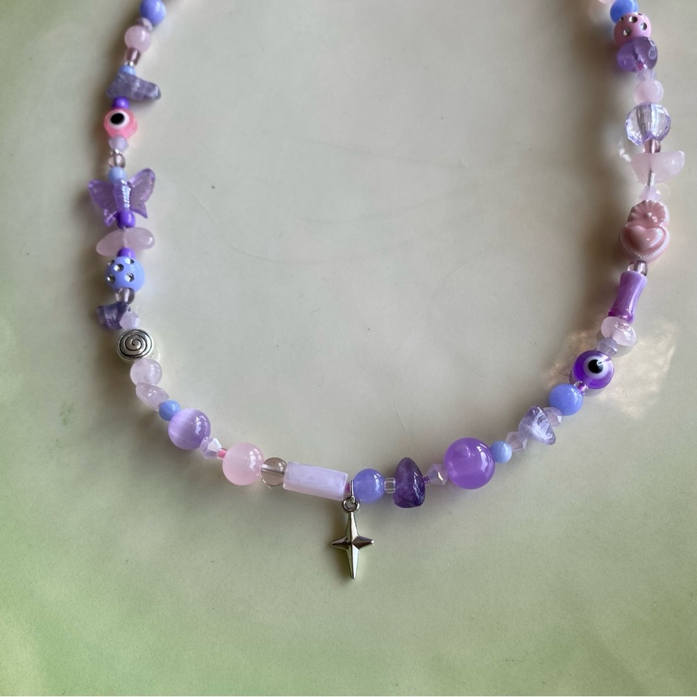 Northern Star Pink & Purple Beaded Necklace Mixed Beads Silver Heart Rose Quartz - Picture 4 of 10
